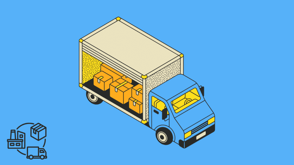 An isometric 3D illustration of a blue and yellow delivery truck filled with packages, representing B2B solutions for supply chain disruption, procurement, and OEM efficiency.