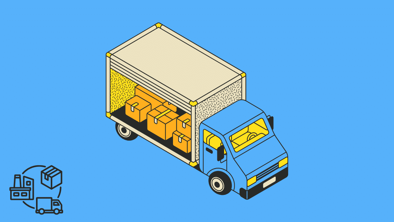 An isometric 3D illustration of a blue and yellow delivery truck filled with packages, representing B2B solutions for supply chain disruption, procurement, and OEM efficiency.