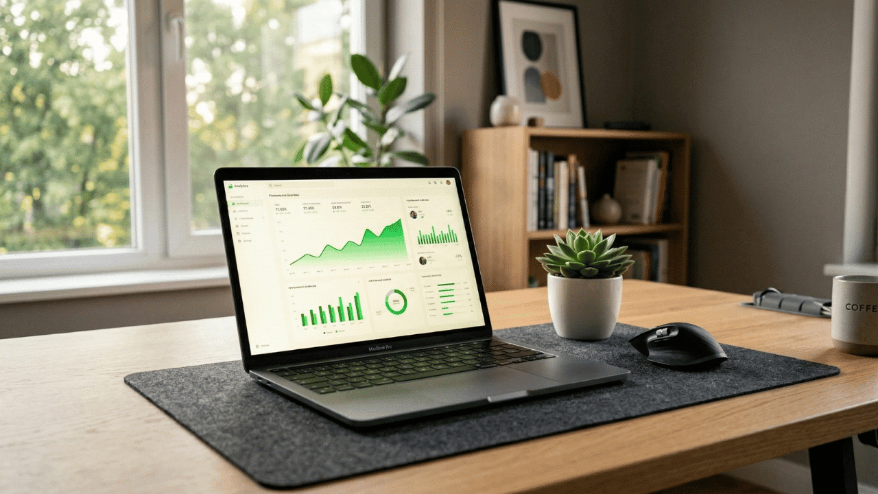 A MacBook Pro on a wooden desk displaying a green growth analytics dashboard with rising charts, illustrating that a large budget is not a barrier to online success.