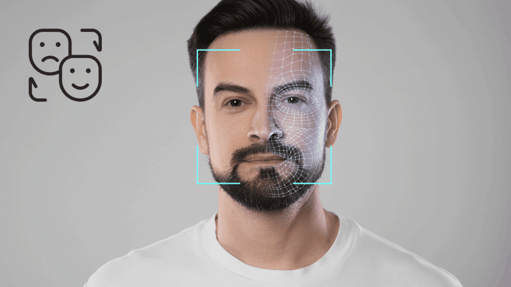 A man's face with a digital AI facial recognition grid, illustrating the technology behind AI face swap and digital synthesis.