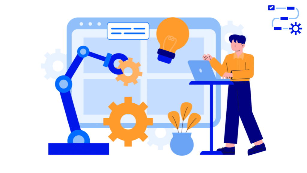 Illustration showing a professional web design workflow with a designer, a robotic arm building gears, and a 7-stage process timeline icon.