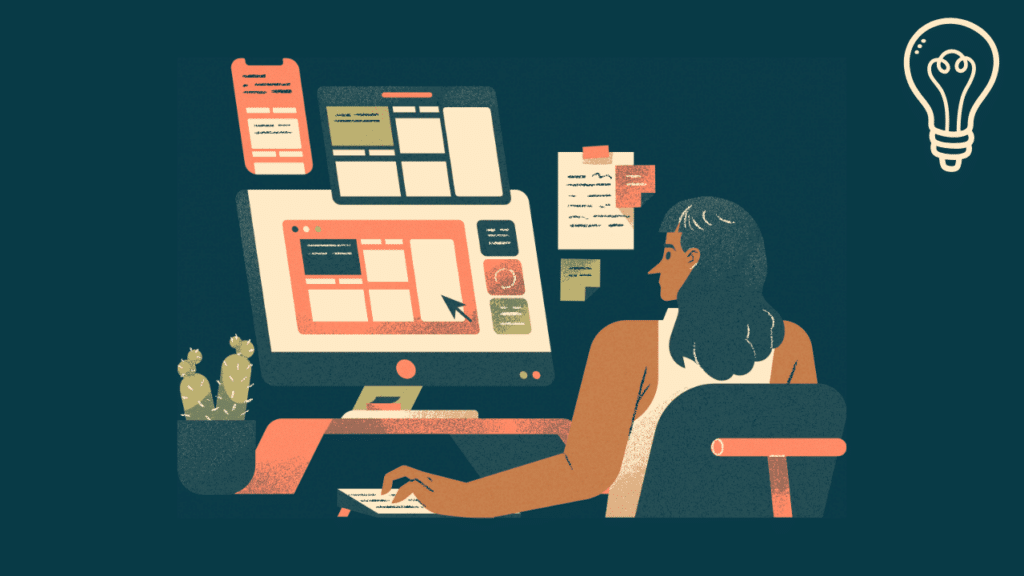 A textured vector illustration of a designer working on wireframes and user interface layouts for a startup aiming for product-market fit UX UI