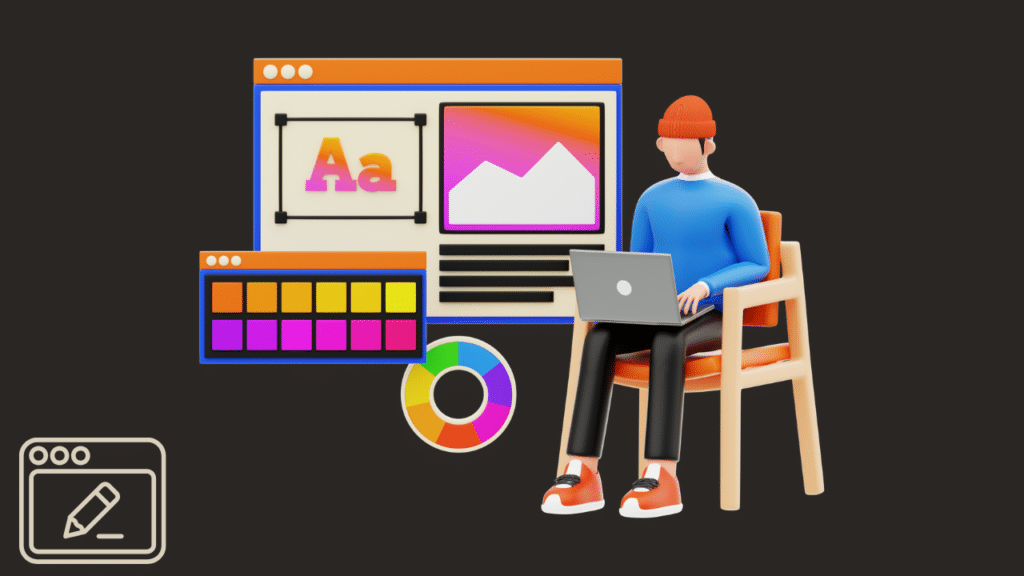 A 3D character illustration of a designer using a laptop next to user interface layout windows, representing how to choose a web designer for professional web design for small businesses.