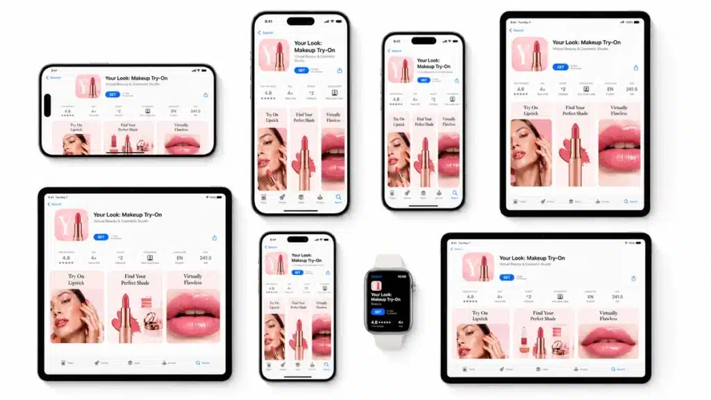 A multi-device responsive mockup array displaying iOS App Store screenshots for a cosmetics app, demonstrating how to turn app store images into a clear product story across all screen sizes.