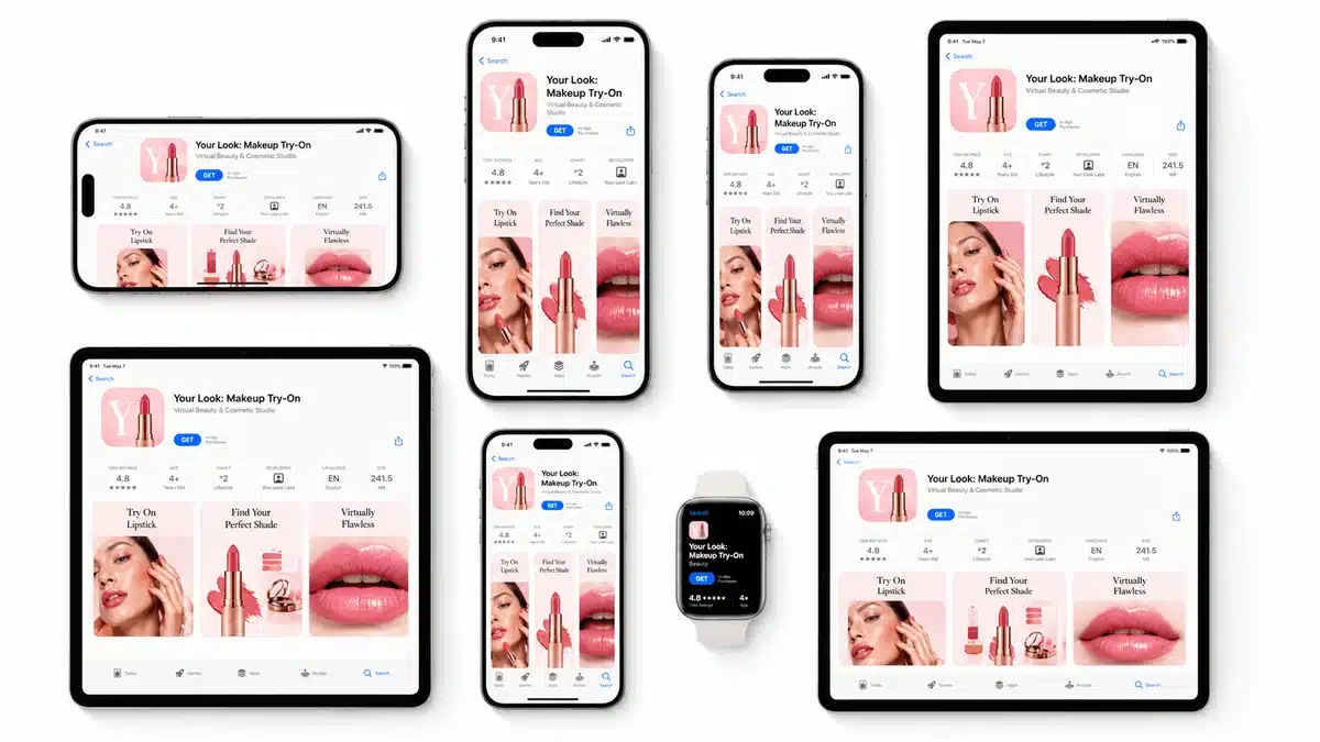 A multi-device responsive mockup array displaying iOS App Store screenshots for a cosmetics app, demonstrating how to turn app store images into a clear product story across all screen sizes.