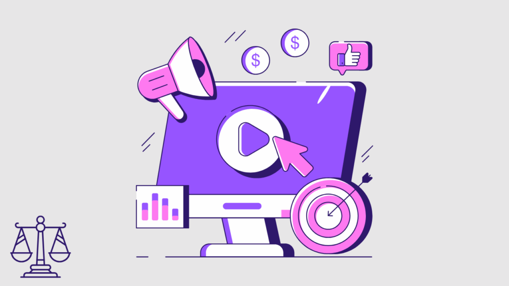 An illustration of a computer with a play button, scales of justice, and marketing icons, representing how law firms can leverage video marketing for client trust building.