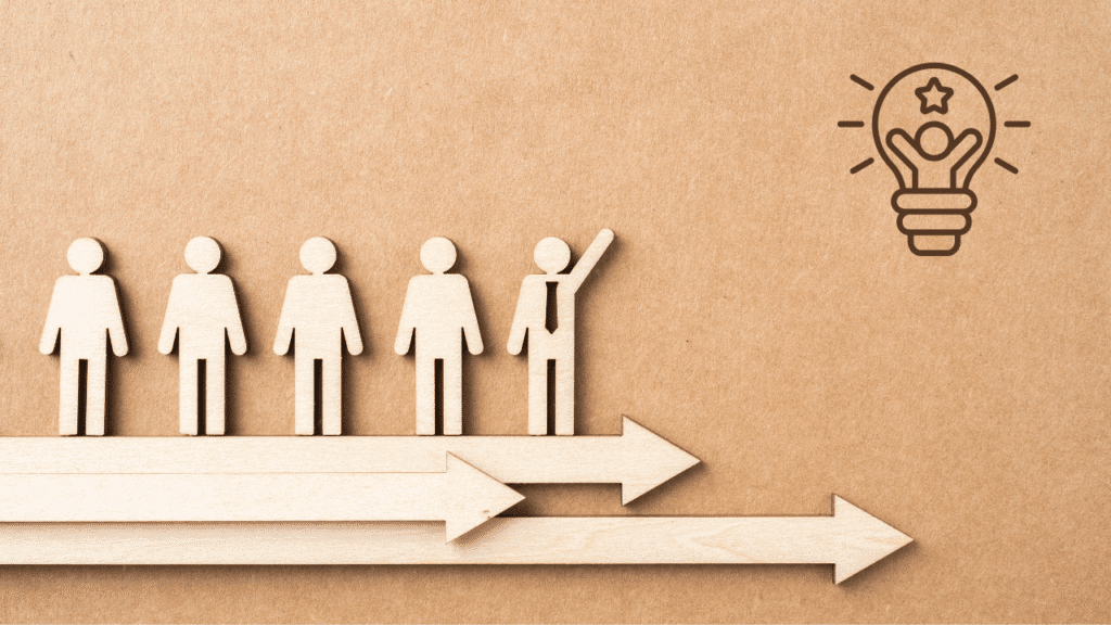 A wooden minimalist illustration of a leader guiding a team with arrows and a lightbulb icon, representing leadership styles every manager should master.