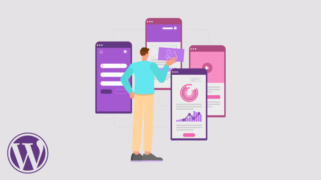 An illustration showing a web designer managing responsive mobile layout frames and user interface screens next to a WordPress logo to improve mobile SEO.