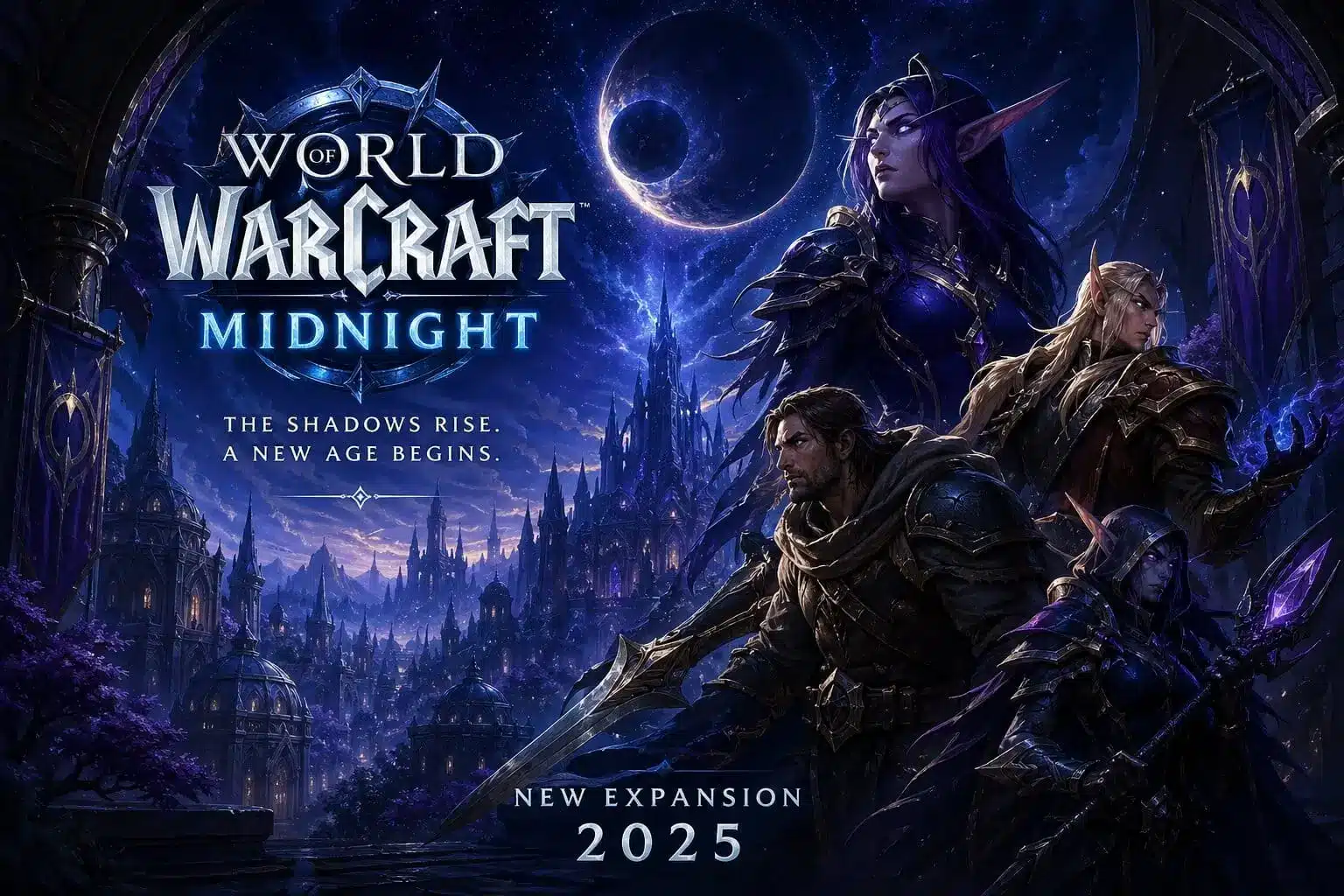 Official World of Warcraft Midnight expansion key art featuring Xal'atath and Alleria Windrunner, illustrating the high-stakes Mythic+ Dimension and the rise of IO score as social currency.