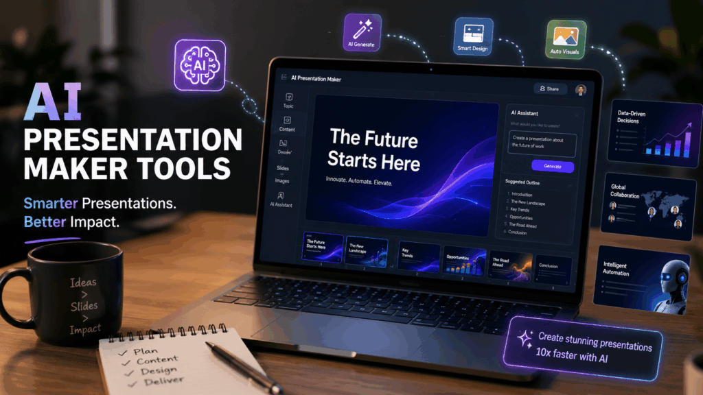 Laptop showing an AI presentation maker interface with generated slides, design suggestions and content planning tools for creating professional presentations.
