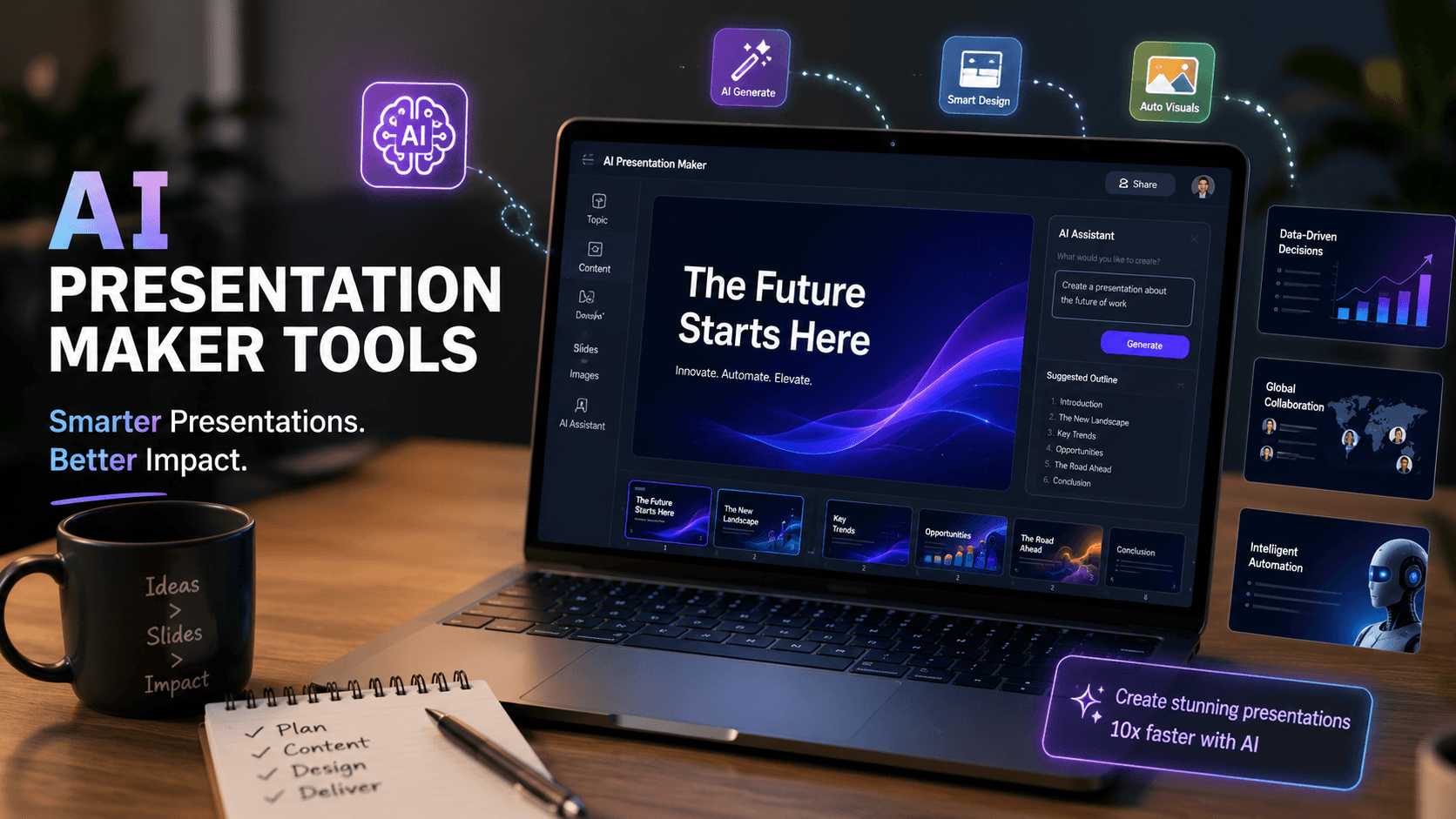 Laptop showing an AI presentation maker interface with generated slides, design suggestions and content planning tools for creating professional presentations.
