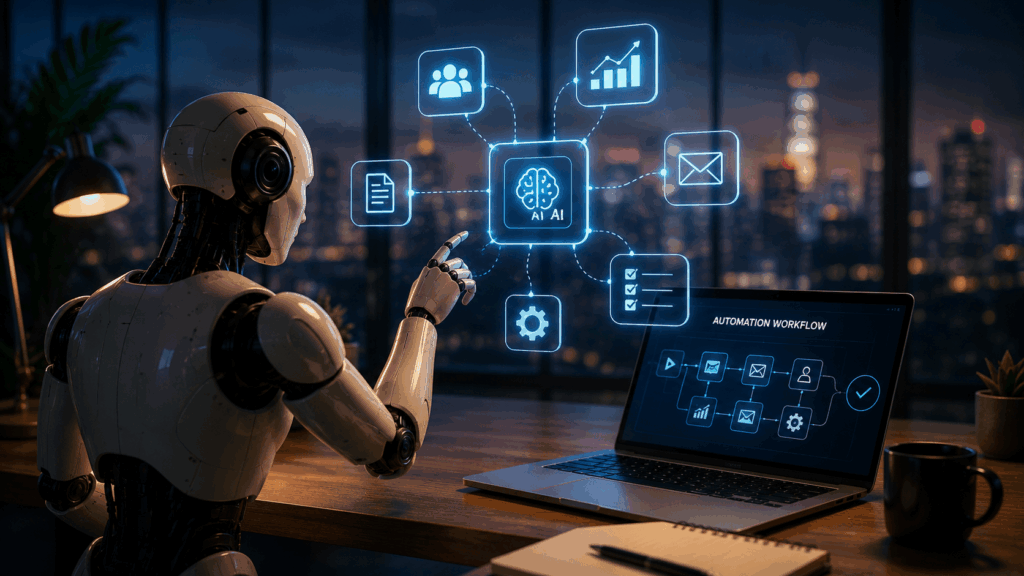 Humanoid robot managing digital workflow icons beside a laptop showing automation processes in a modern office, representing AI automation agency services.