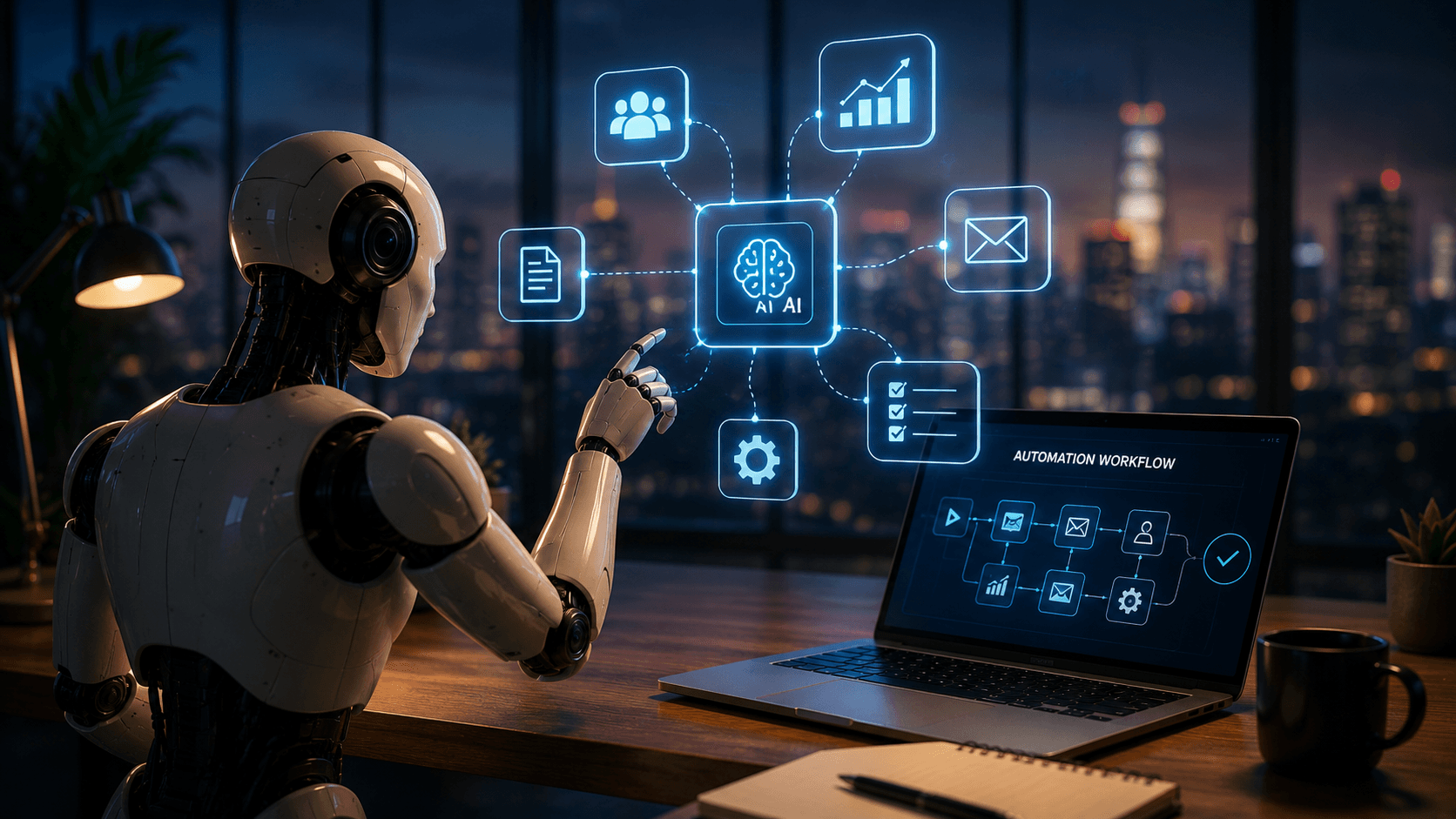 Humanoid robot managing digital workflow icons beside a laptop showing automation processes in a modern office, representing AI automation agency services.