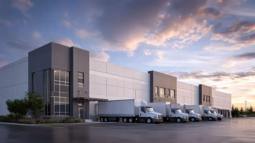 A row of white freight trucks parked at the loading docks of a modern logistics warehouse under a sunset sky, illustrating how SalesAR logistics lead generation improves timing and qualification.