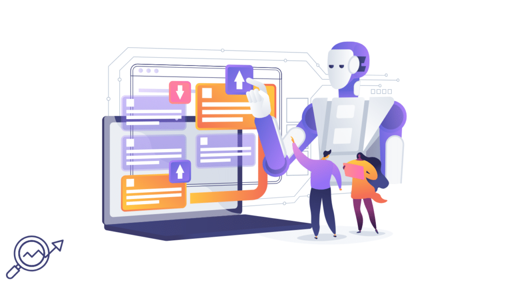 A conceptual 3D illustration of an AI robot assisting human designers with website data blocks to show how small business websites can automate SEO without hiring an agency.