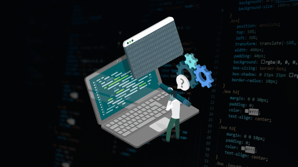 An isometric software engineering graphic featuring a developer analyzing code on a laptop next to system integration gears, illustrating how to choose a scalable software development partner for complex enterprise challenges.