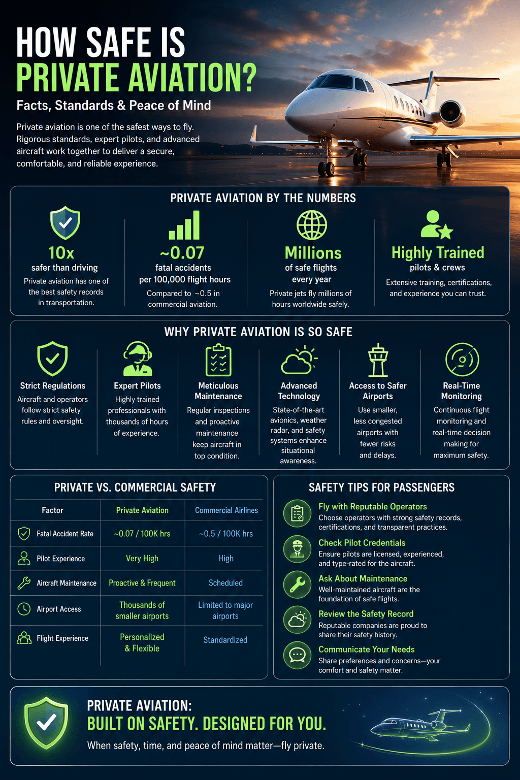 A luxury travel and charter flight infographic detailing How Safe Is Private Aviation?, illustrating a statistical safety matrix, a comparison chart against commercial airlines, and a passenger safety checklist.