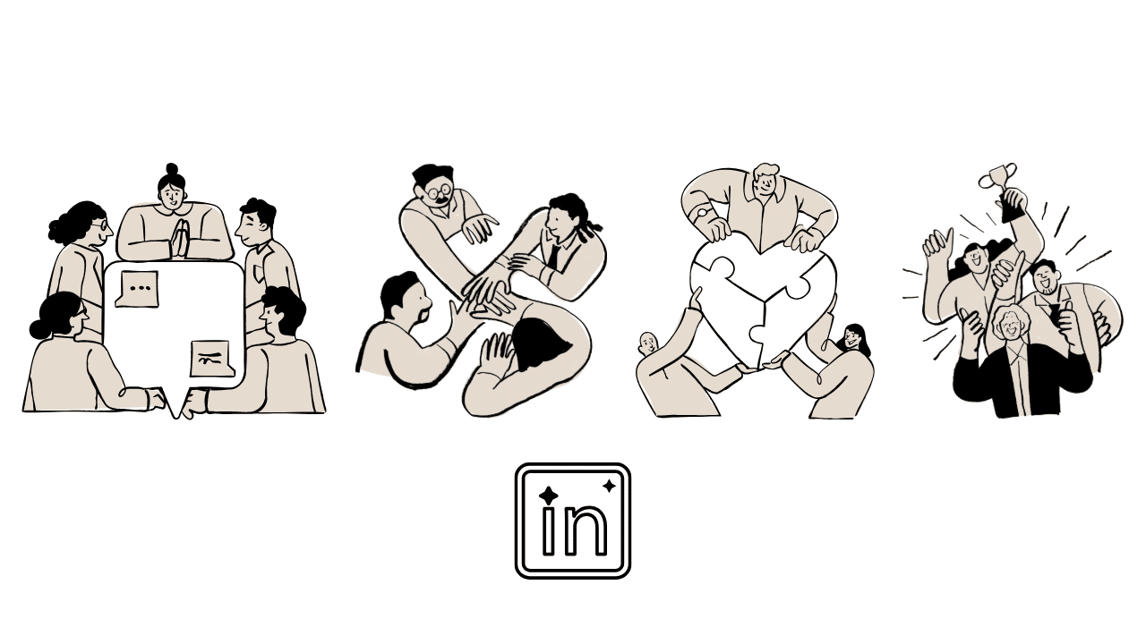 A minimalist line-art illustration of corporate professionals communicating, team building, and celebrating above a LinkedIn icon, showcasing modern LinkedIn outreach strategies for B2B growth.