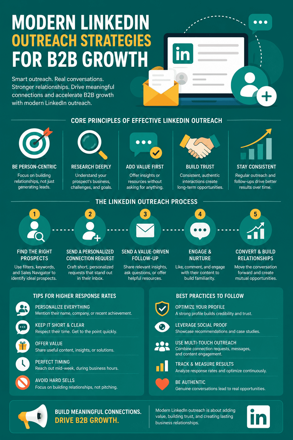 An infographic outlining modern LinkedIn outreach strategies for B2B growth, detailing the core principles, a five-step outreach process, and best practices for higher response rates.