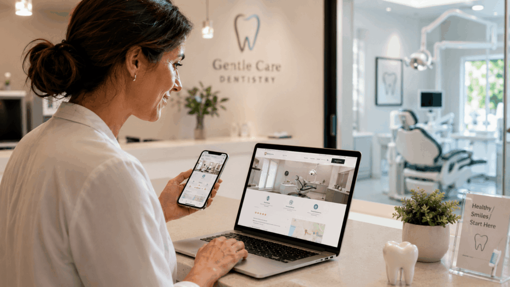 Dental clinic professional reviewing a responsive clinic website on laptop and mobile, showing reviews, contact options and local business information