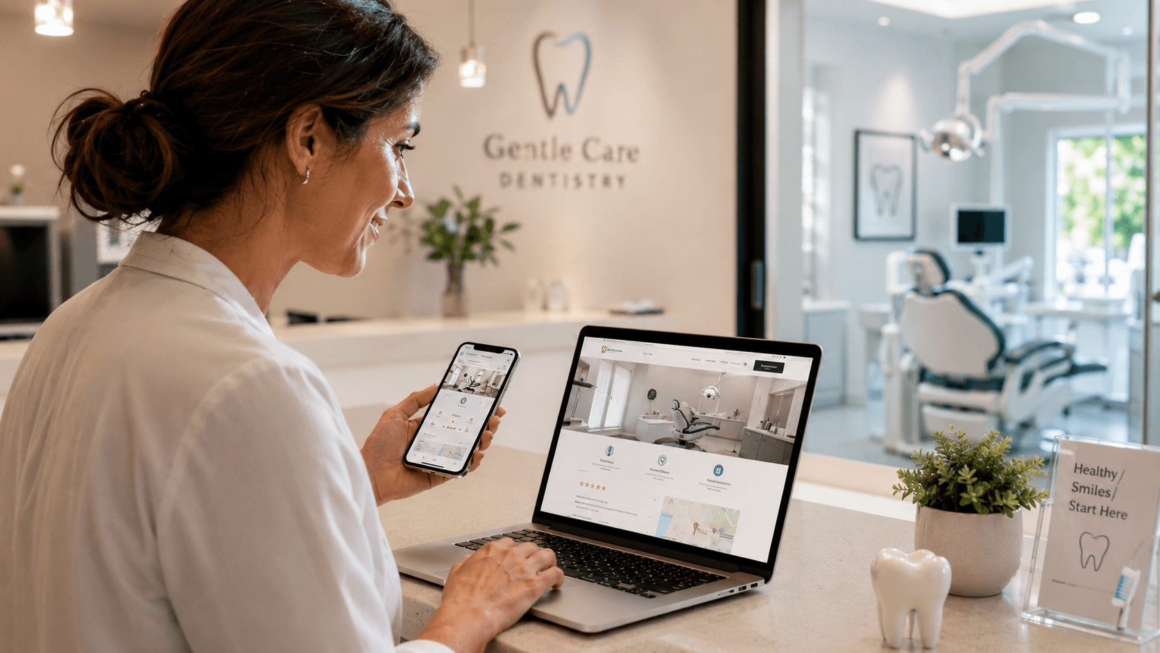 Dental clinic professional reviewing a responsive clinic website on laptop and mobile, showing reviews, contact options and local business information
