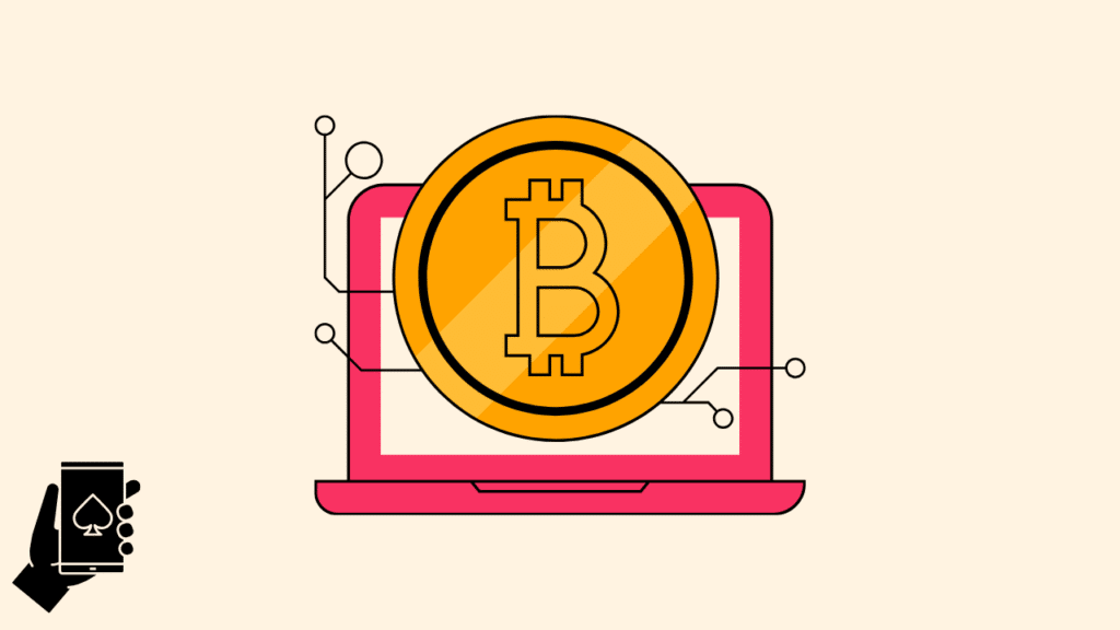 A golden Bitcoin token overlaid on a pink laptop screen with a mobile phone casino icon, illustrating what the rise of bitcoin casino online platforms means for web design and ux.