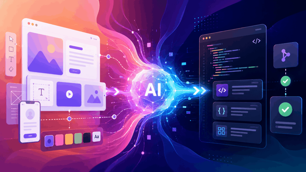 Abstract illustration of a web design mockup transforming into clean code components with AI assistance, design tokens, UI blocks and developer workflow elements.