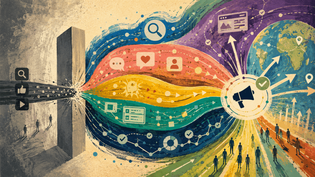 Editorial illustration of affiliate traffic diversifying from one restricted channel into multiple alternative traffic sources driving campaign growth worldwide.