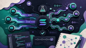 Editorial illustration of a Solana testing environment with wallet nodes, transaction flows and developer tools representing controlled volume simulation for development teams.