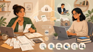 Small business owner working with a remote bookkeeping virtual assistant to manage receipts, invoices, bank reconciliation and secure financial admin tasks.