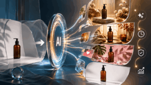 Product photo transformed by AI into multiple polished ecommerce scenes, showing lifestyle staging, clean catalog presentation and stronger visual branding.