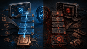 Connected device showing a secure boot chain with hardware root of trust on one side and an insecure compromised firmware path on the other.