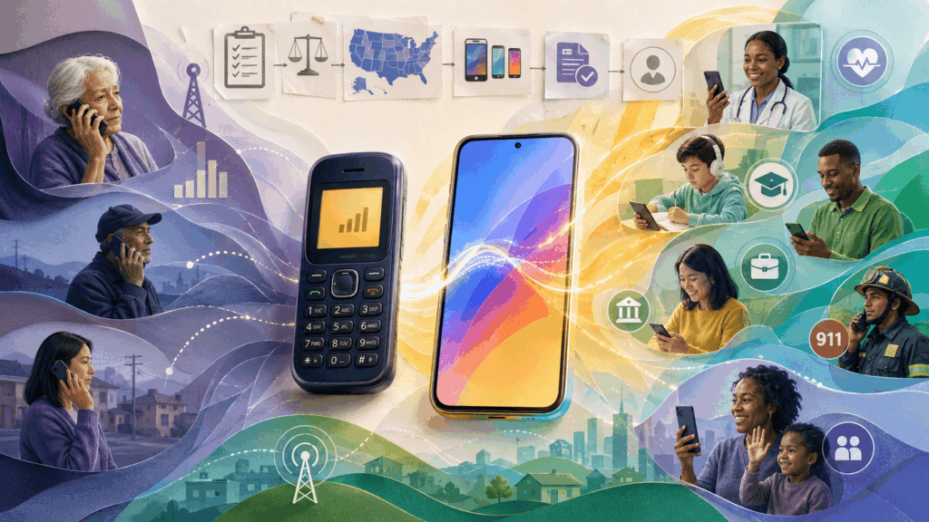 Basic mobile phone transforming into a modern smartphone as people use free phone assistance programs for telehealth, education, banking, jobs and family communication.