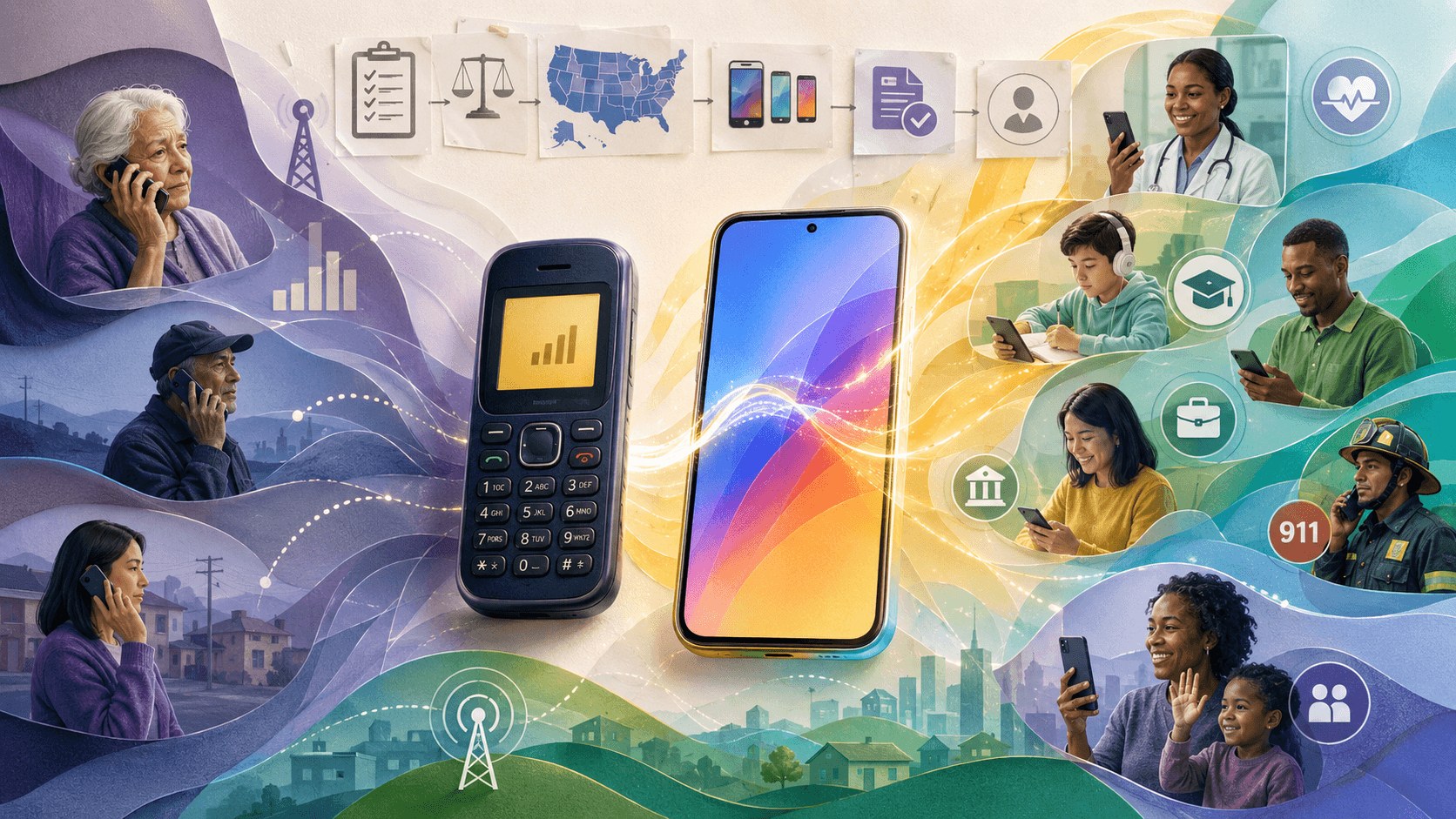 Basic mobile phone transforming into a modern smartphone as people use free phone assistance programs for telehealth, education, banking, jobs and family communication.