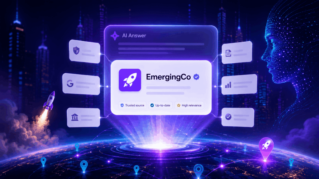Startup brand appearing inside an AI search answer with citation cards, source credibility signals and structured content blocks for Generative Engine Optimization.