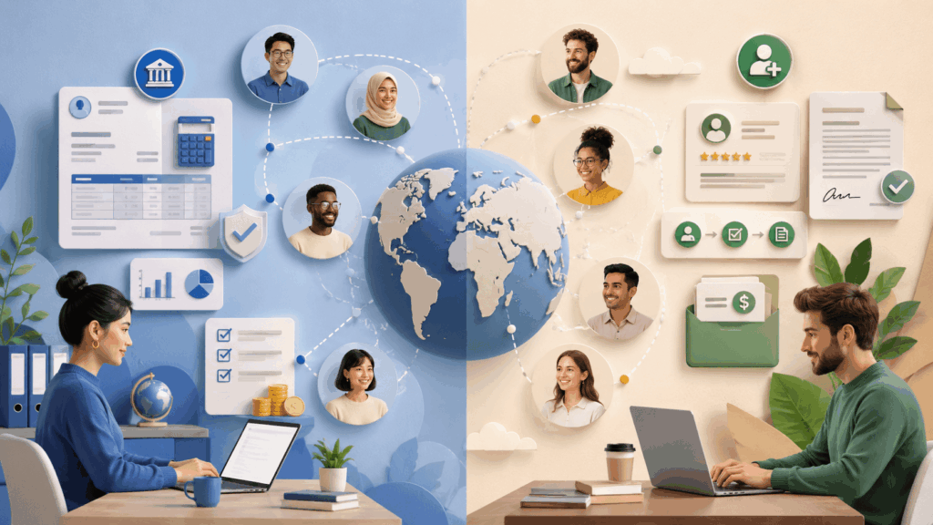 Editorial illustration comparing global payroll services and contractor management, with distributed team members, compliance documents, payroll reporting and international workforce connections.