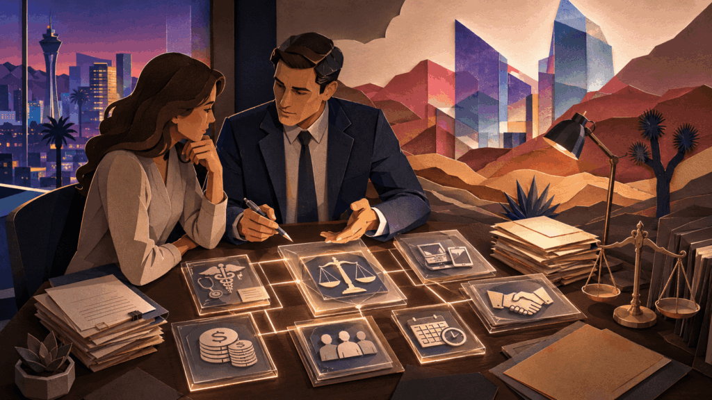 Personal injury attorney in Las Vegas reviewing evidence, medical costs and settlement documents with an injured client during a legal strategy meeting.