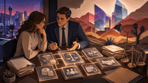Personal injury attorney in Las Vegas reviewing evidence, medical costs and settlement documents with an injured client during a legal strategy meeting.