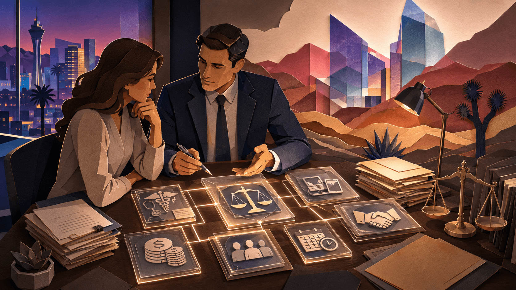Personal injury attorney in Las Vegas reviewing evidence, medical costs and settlement documents with an injured client during a legal strategy meeting.