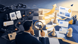 Strategist analyzing competitor mistakes on a chessboard with broken links, poor reviews, content gaps and SEO opportunities leading to business growth.