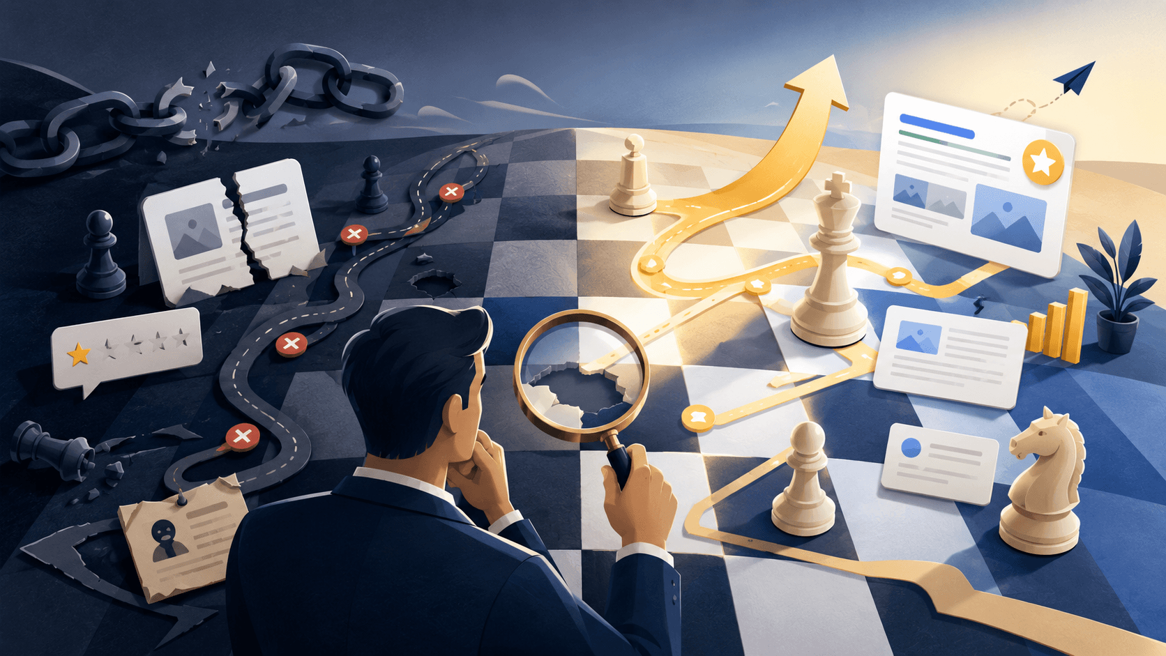 Strategist analyzing competitor mistakes on a chessboard with broken links, poor reviews, content gaps and SEO opportunities leading to business growth.