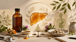 Herbal liver support syrup bottle and tablets arranged around a symbolic liver illustration, with botanical ingredients and balanced wellness cues.