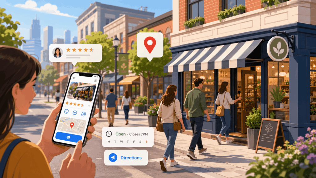 Person using a smartphone to find a local business, with map pin, reviews, opening hours and directions leading to a storefront on a busy city street.