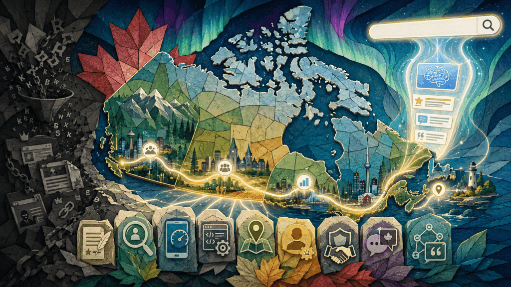 Canadian digital landscape showing businesses connected through helpful content, technical SEO, local visibility and AI search citations.