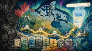Canadian digital landscape showing businesses connected through helpful content, technical SEO, local visibility and AI search citations.