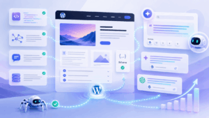 WordPress website structured for AI search with schema markup, FAQ blocks, crawler access, citation cards and search visibility signals.