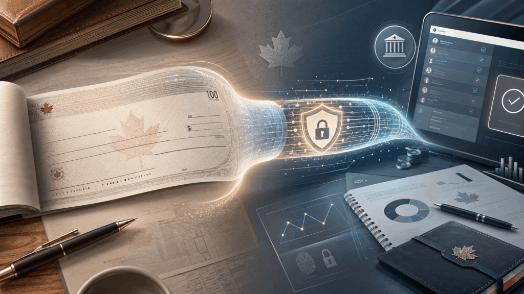Canadian personal cheque moving into a secure digital payment system, showing online transaction security, bank monitoring and organized financial records.