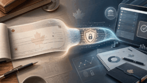 Canadian personal cheque moving into a secure digital payment system, showing online transaction security, bank monitoring and organized financial records.