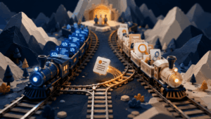 Miniature trains represent an agency routing SEO and content work to a specialist partner as growing client demand increases its workload.