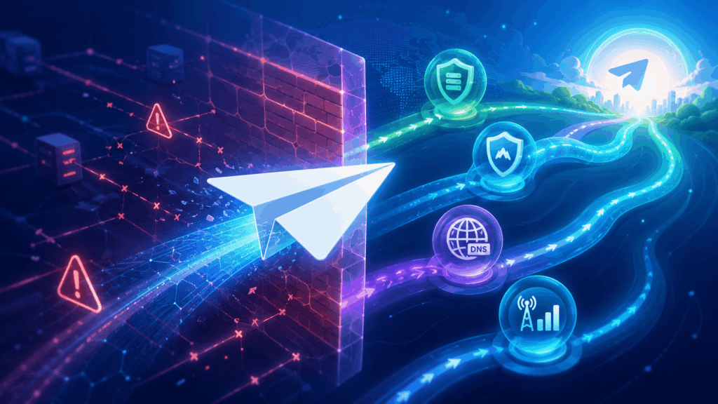 Telegram paper plane moving through digital network barriers with alternate connection paths for VPN, proxy, DNS and mobile data connectivity.